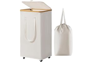 CHRISLLEY Chirslley 100L Large Laundry Basket with Wheels,Tall Laundry Hamper with Lid and Removable Liner Bag, Foldable Clothes Hamper Organizer with Bamboo Handles for Bathroom, Dorm, Bedroom, Beige