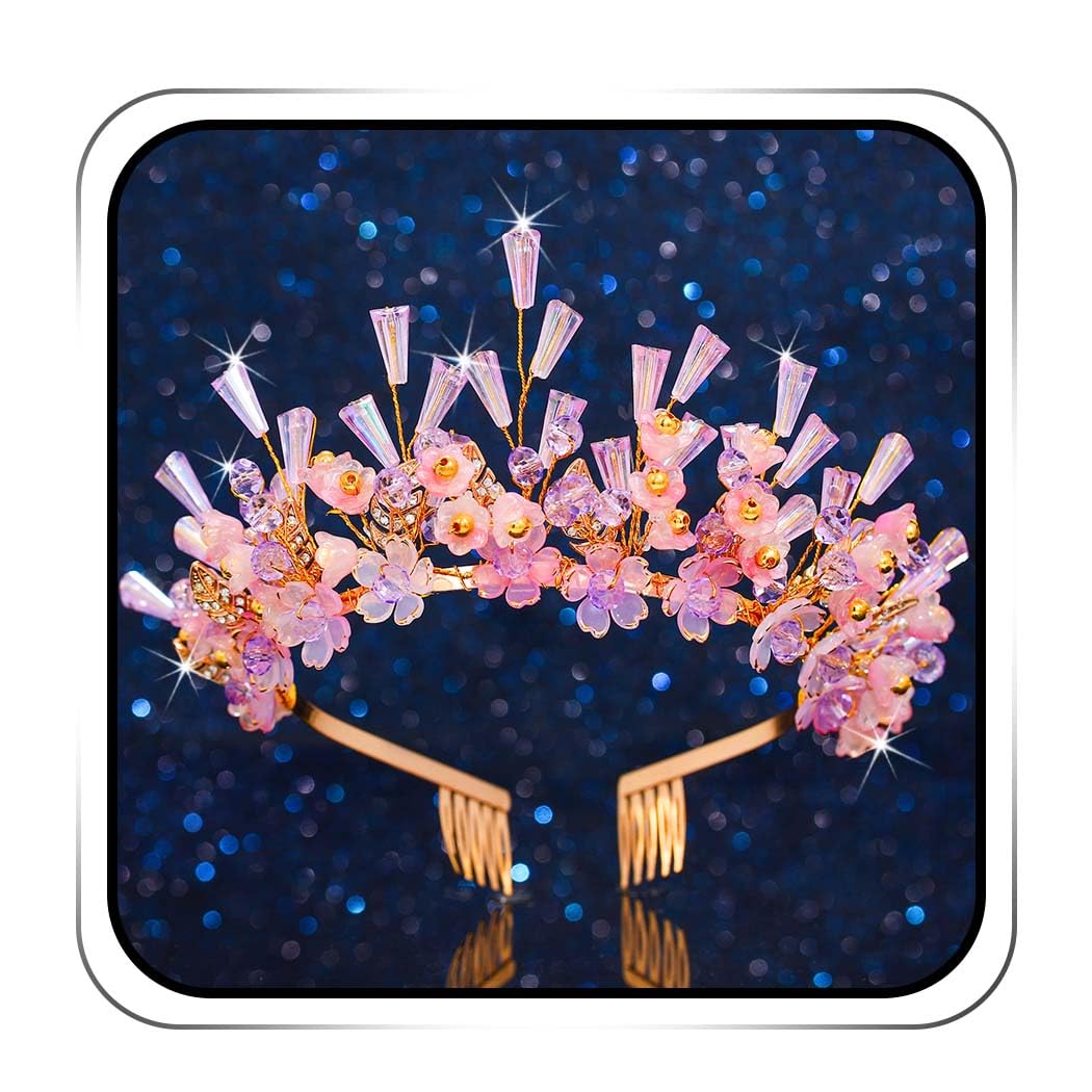 IYOU Rhinestone Wedding Headband Crown Purple Flower Hair Bands Tiaras Crystal Bridal Hair Accessories for Women