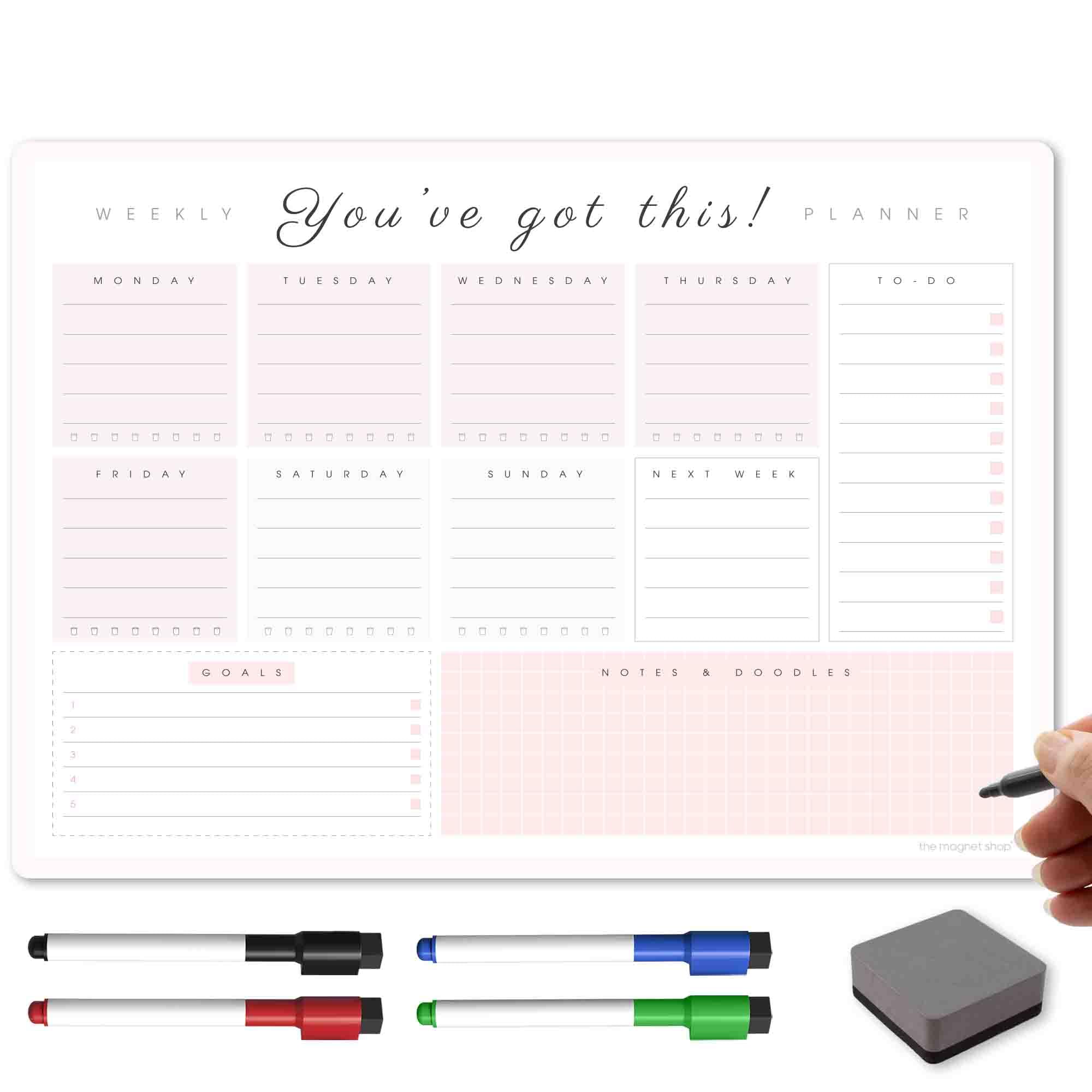 TMS A3 Weekly Planner Whiteboard | Magnetic Calendar for Fridge and Dry Wipe Pens | Meal or Family Planner for Kitchen (Blush, A3-YGT)