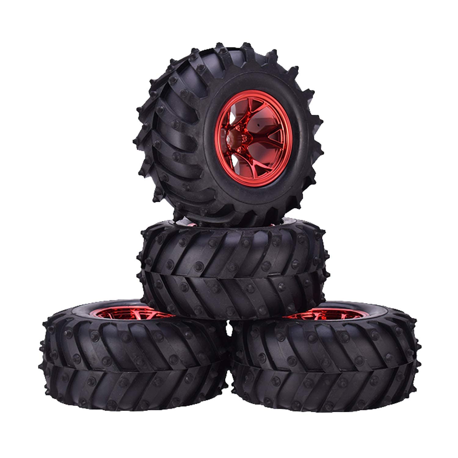 KINGCOO 4pcs 125mm Tyre RC Monster Truck Rubber Tyres and Plastic Wheel Rims Set Compatible with 1/10 RC Crawler Car for Truggy Truck for HSP HPI Tamiya Kyosho (Y-Shaped Red)