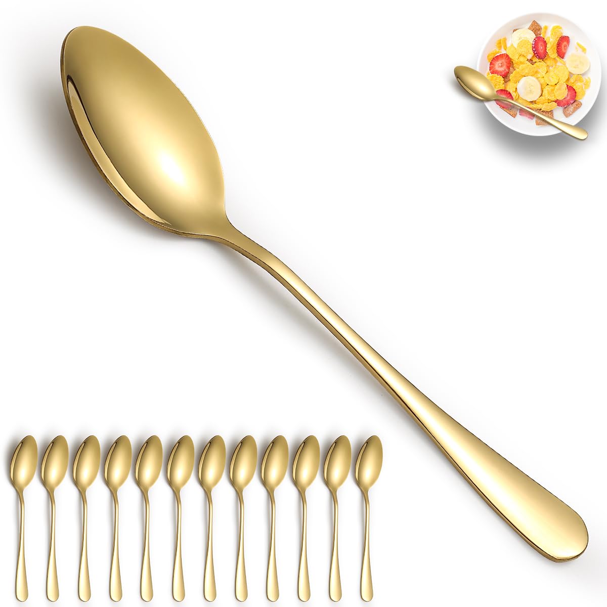 ReaNea Gold Dinner Spoons 12 Pieces, Stainless Steel Titanium Gold Plating Table Spoon, Soup Spoons, Use for Home, Restaurant, Wedding, Parties, Events, Christmax
