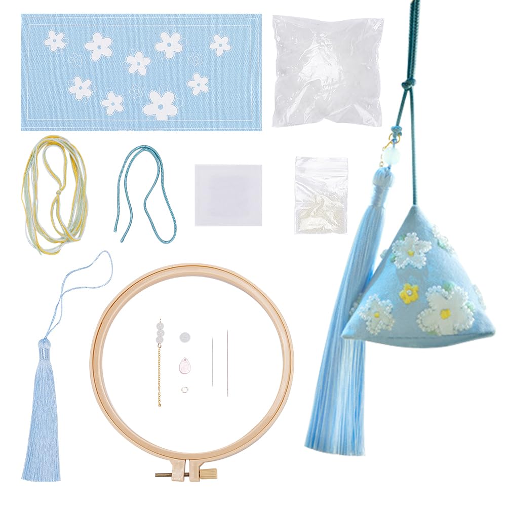 WADORN DIY Hand Embroidery Kit, Peaceful Talisman Bead Embroidery Materials Bag Charm Car Hanging Embroidery Kits DIY Handcrafted Gifts, Flowers Pattern