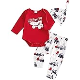 Doqcey Newborn Baby Boy Valentine‘s Day Outfit Letter Print Long Sleeve Romper Cart Love Heart Pants Hat Set 3Pcs Clothes