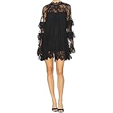Women Lace See Through Mini Dress Long Sleeve High Neck Loose Fit Sheer Floral Short Dress Sexy Beach Cover Up