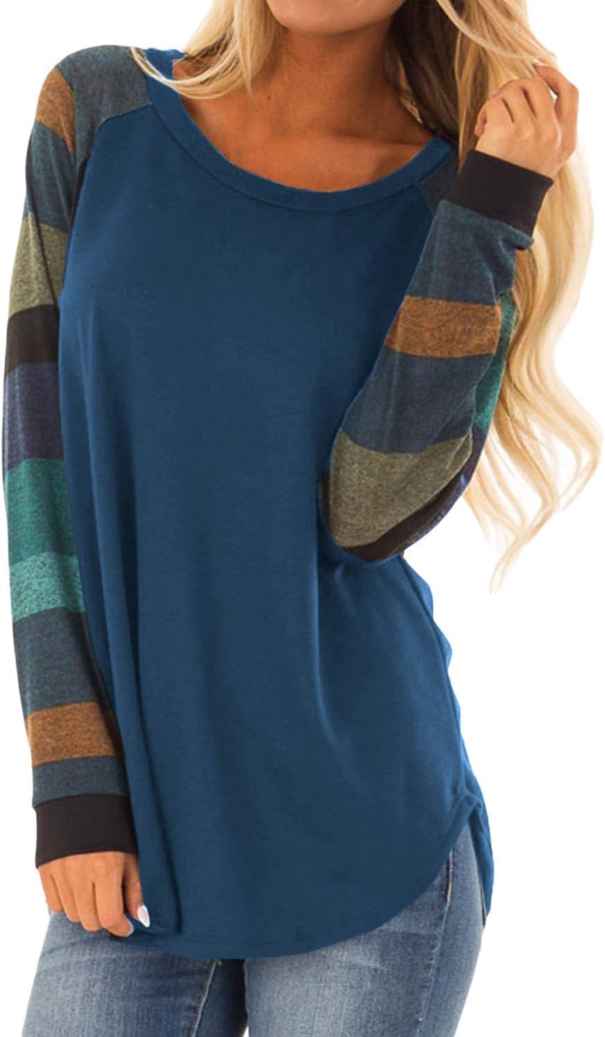 Womens Tops Shirts Tunics Long Sleeve Casual Blouses Round Neck Loose Soft Striped Tunics
