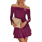 Cicy Bell Womens Off The Shoulder Mini Dresses Going Out Long Sleeve Ruched Bodycon Dress Ruffle Cocktail Party Club Outfits