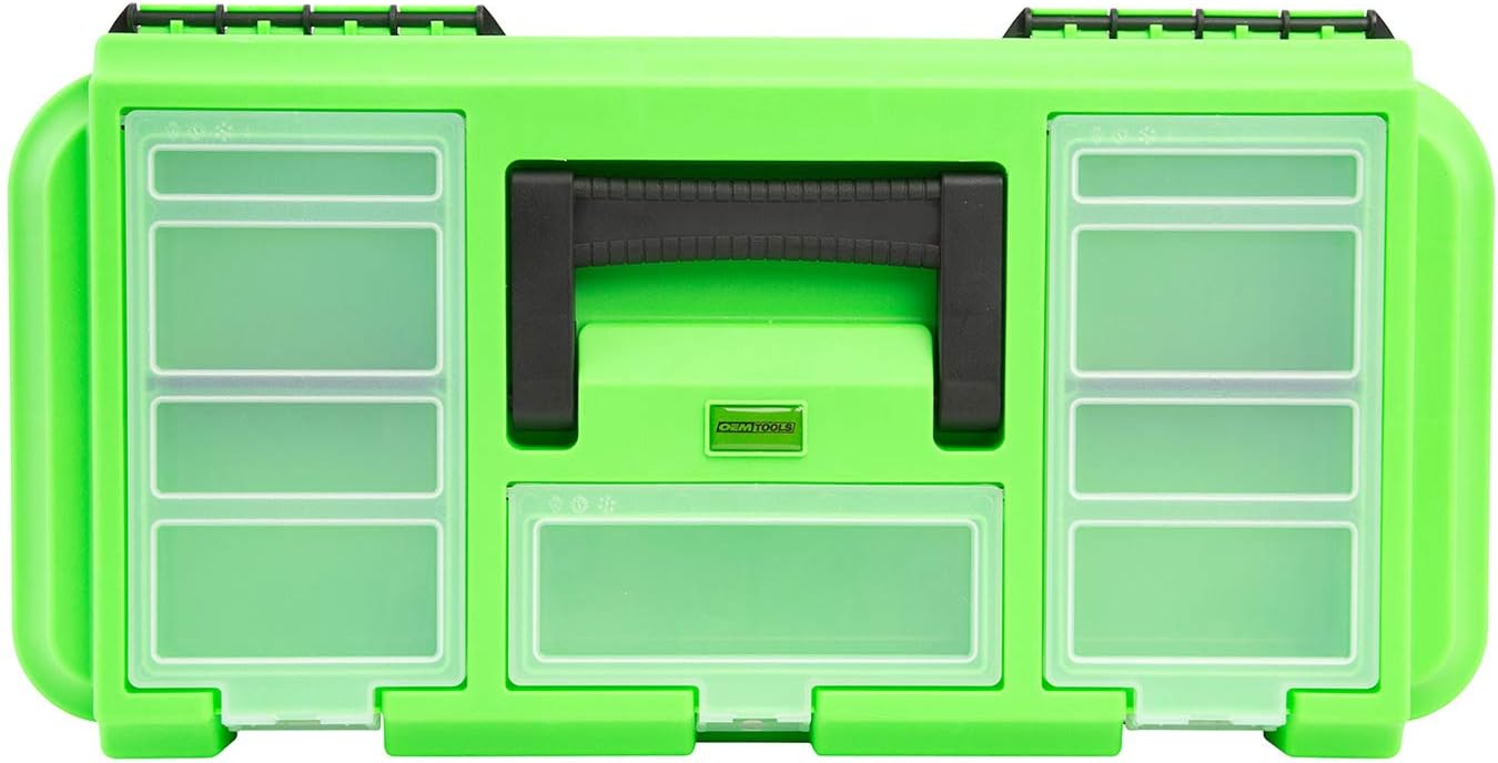 OEMTOOLS 22160 19 Inch Tool Box with Removable Tool Tray, Small Parts Organizer in Lid, Heavy Duty Tool Box with 2 Metal Latches, Rated up to 40 Lbs., Green - - 