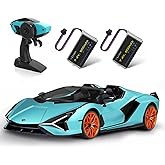 MIEBELY Lamborghini Remote Control Car, 1:12 Scale Lambo Toy Car 2 X 7.4V 900mAh Officially Licensed 12Km/h Fast Rc Cars with Led Light 2.4Ghz Model Car for Adult Boys Girls Birthday Ideas Gift - Blue