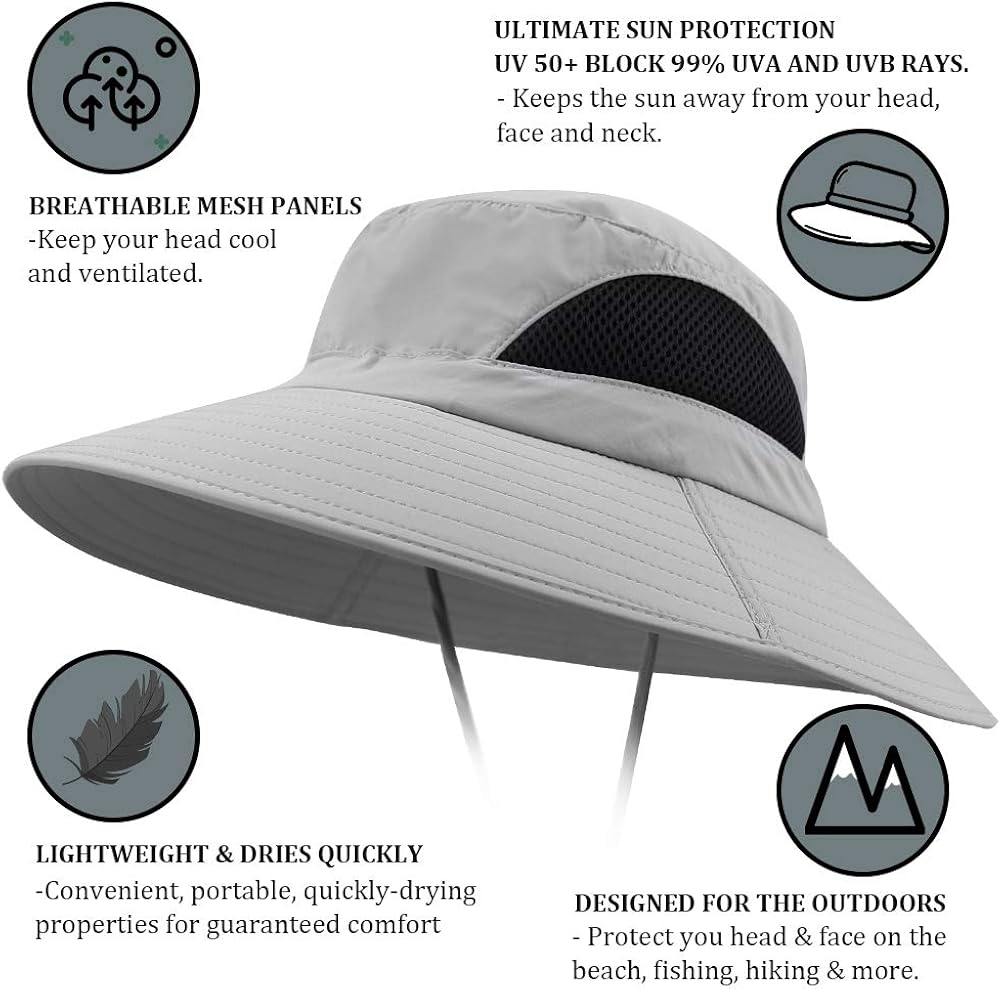Ordenado Waterproof Sun Hat Outdoor UV Protection Bucket Mesh Boonie Hat Adjustable Fishing Cap Grey at  Women’s Clothing store