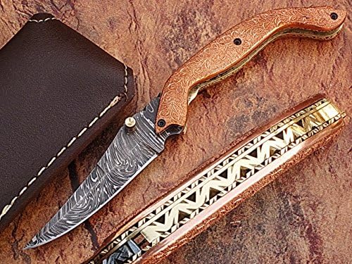 CUSTOM MADE DAMASCUS STEEL AWESOME "7.6 FOLDING POCKET KNIFE WITH HAND MADE ENGRAVED IN SOLID COPPER HANDLE (BDM-3)