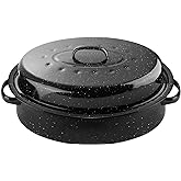 DIMESHY 16Inch Roasting Pan, Enamel on Steel, Black Covered Oval Roaster Pan with Lid, Medium Cookware for Turkey, Small Chicken, Roast Baking Pan.