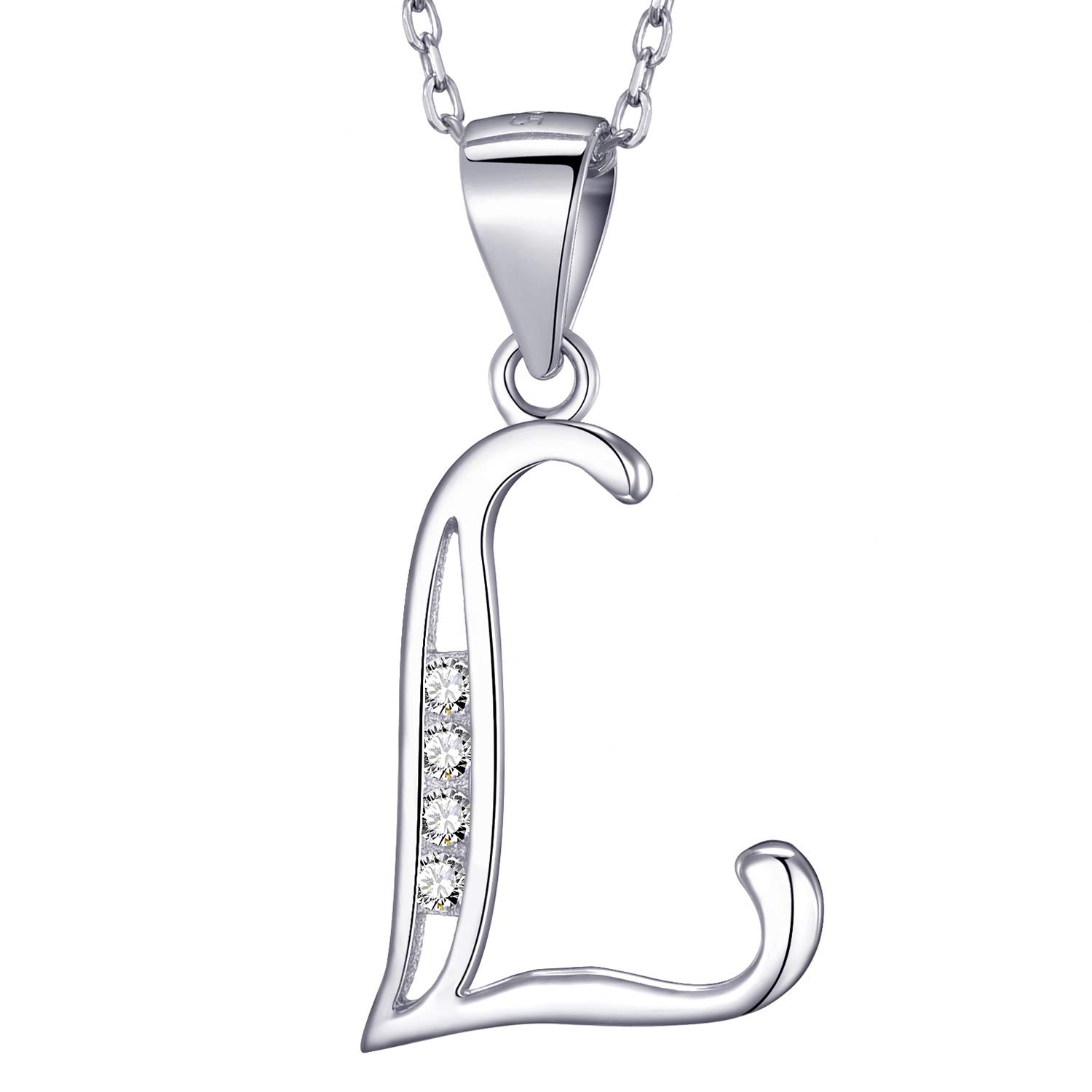 MASADA 925 Sterling Silver Letter Necklace - Initial Pendant with Zircon Stones - Letter L - Personalised Alphabet, Teens & Girls - 46 cm - 18 inch Chain in Velvet Bag