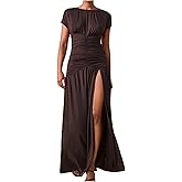 GORGLITTER Women's Ruched High Slit Bodycon Maxi Dress Short Sleeve Ruffle Long Cocktail Evening Dresses