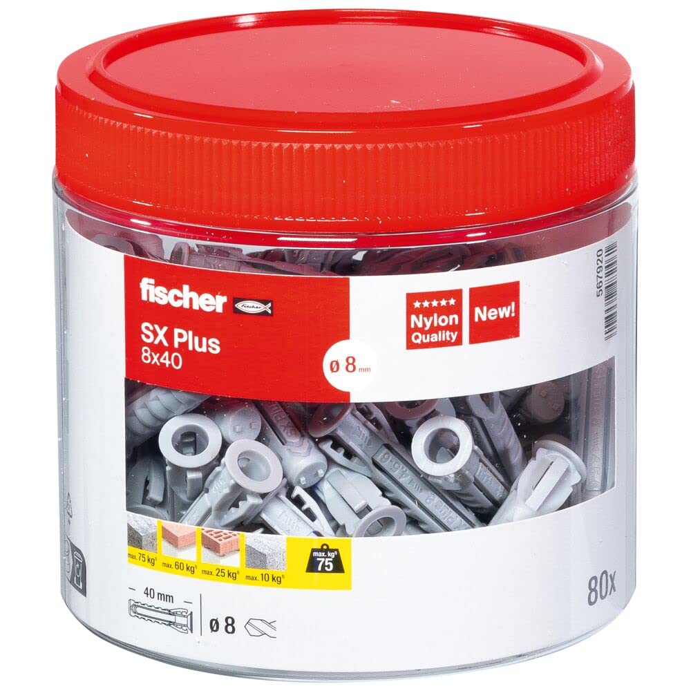 fischer 567920 SX Plus Expansion Wall Plug, 8mm x 40mm, Tin of 80 Plugs