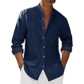 Runcati Mens Casual Linen Shirts 3/4 Sleeve Button Down Banded Collar Summer Beach Shirt