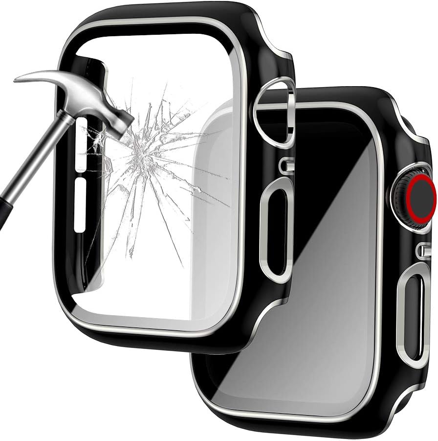 Falandi Case for Apple Watch Screen Protector 38mm Series 3/2/1 with Built-in Tempered Glass, Silver Edge Black Ultra-Thin All-Around iWatch Bumper Full Cover Protective Case for Women Men