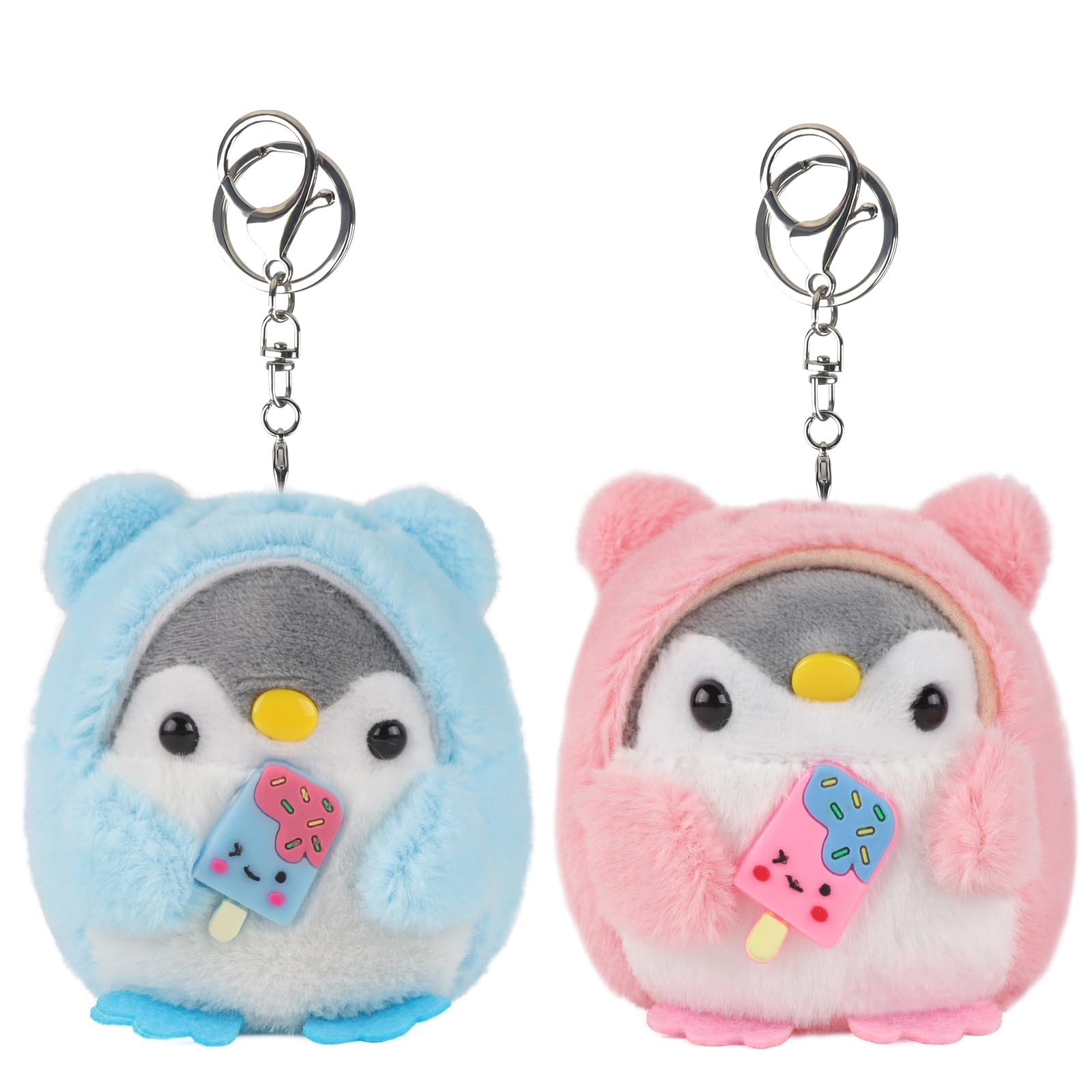 Anboor 2 Pcs Small Stuffed Animals Penguin Plush Toy with Keychain Award Goodie Bag Fillers Ice Cream Penguin Plushies Animal Toy Party Favors Xmas,Kindergarten Classroom Presents (Blue, Pink)