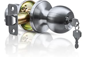 Rerishom Door Knob Set with Lock, Stylish and Durable Door Handle for Interior and Front Door, Complete Front Door Lock Set with Secure Door Knob in Satin Nickel Stainless, Keyed Entry, 1 Pack