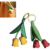 2 Pcs Handmade Genuine Leather Leaf Flower Keychain – Leather Tulip Flower Keyring Pendant Charm Accessories For Women's Wallets, Bags, and Car Key