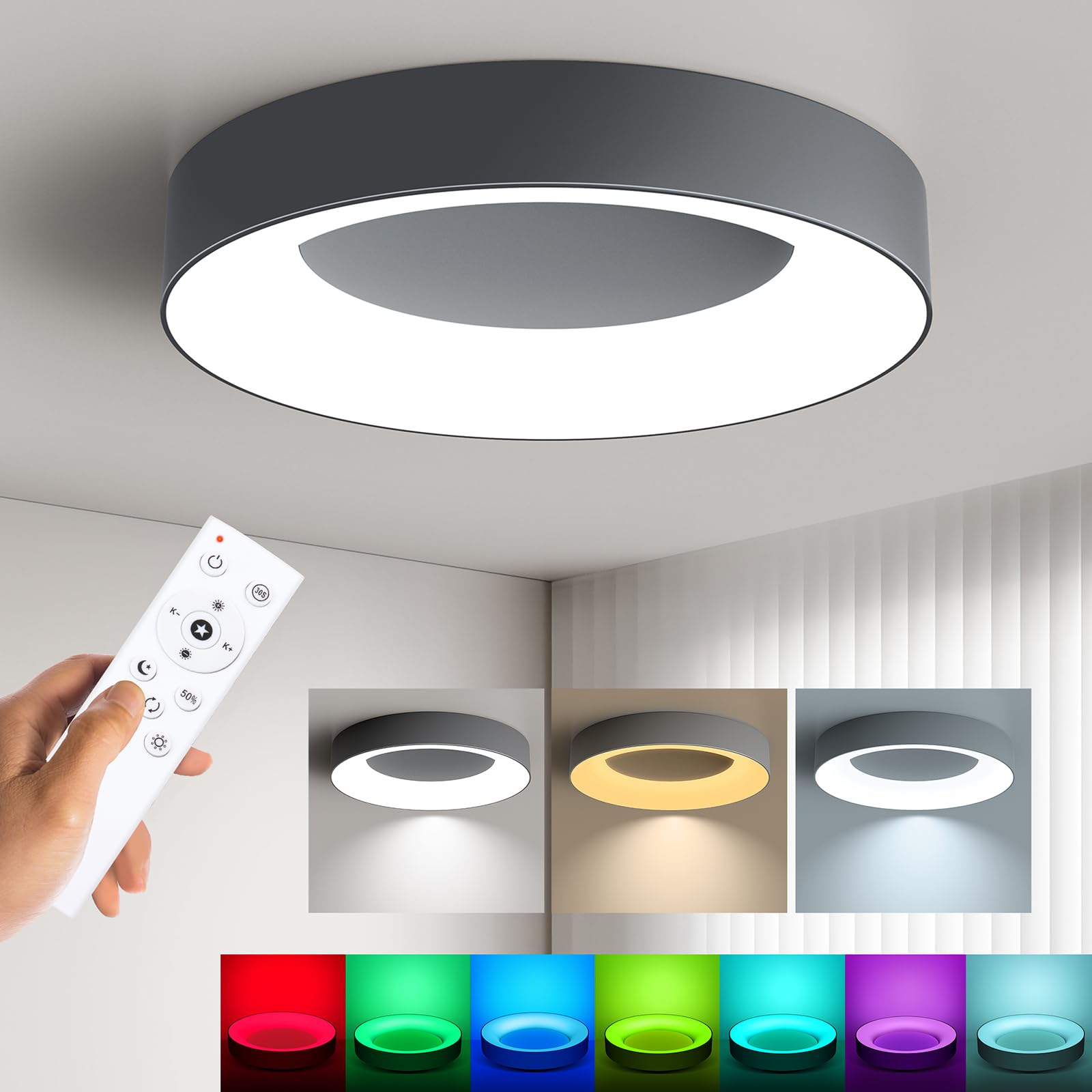 Matane RGB LED Ceiling Light Dimmable with Remote Control, 24W Flush Ceiling Lights, 3000K-6500K 2400LM for Living Room, Bedroom, Kids Room, Dining Room, Kitchen, Round 11 Inch Grey