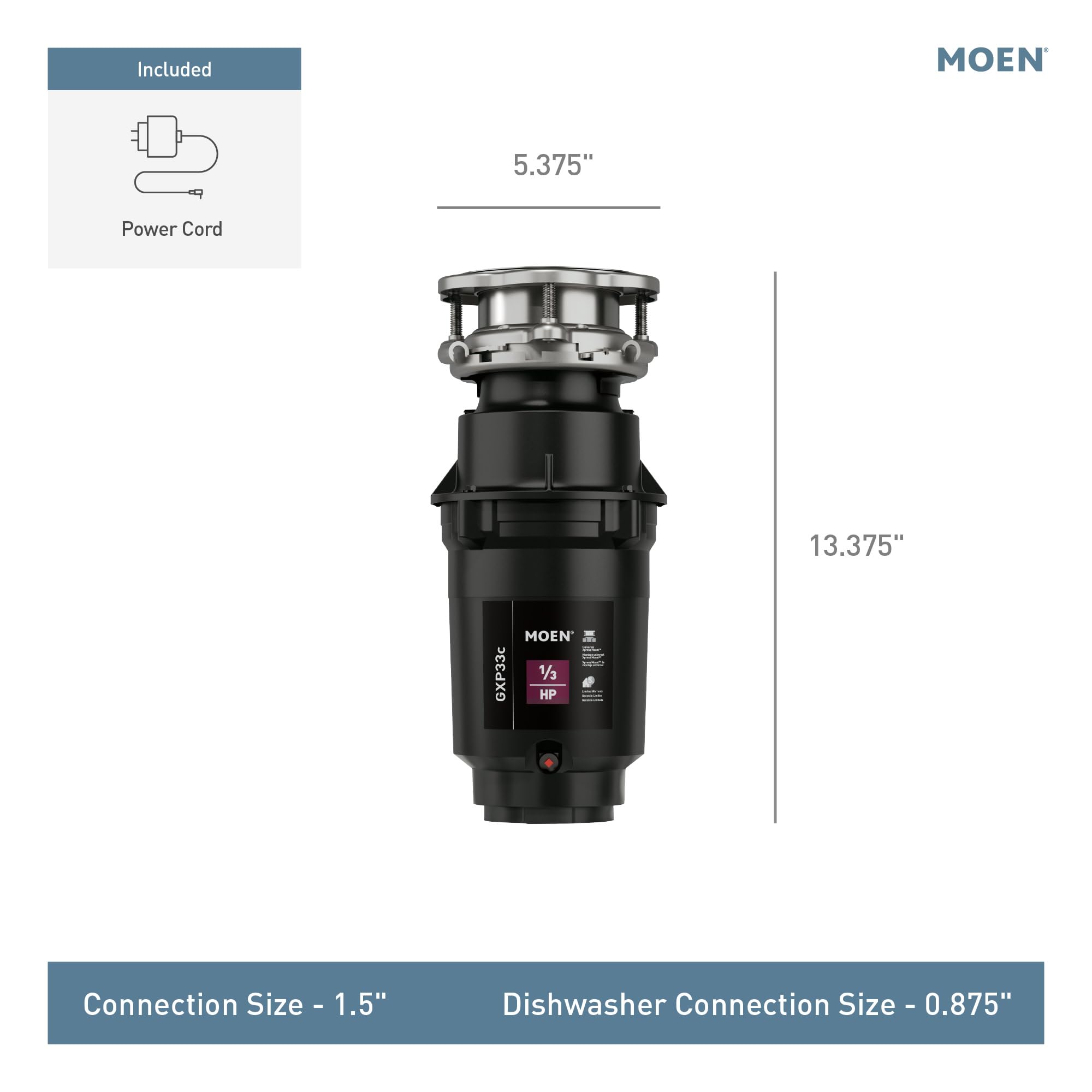 Moen Lite Series PRO Compact Continuous Feed Garbage Disposal for Kitchen Sink with Power Cord, GXP33C