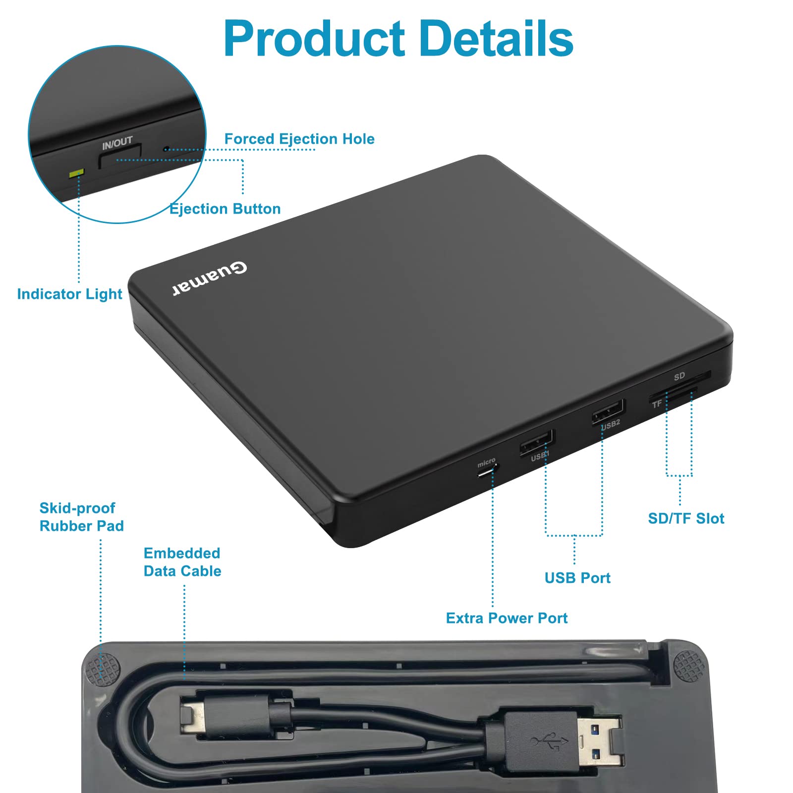 Guamar External DVD Drive USB 3.0 DVD Player for Laptop with 2 USB Ports and 2 TF/SD Card Slots CD Burner for Mac PC Windows Linux(Black)