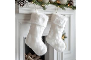 AISENO 2 Pack 18 Inch Snowy White Christmas Stockings Faux Fur Christmas Stockings Hanging Ornaments Candy Gift Bags for Christmas Decorations