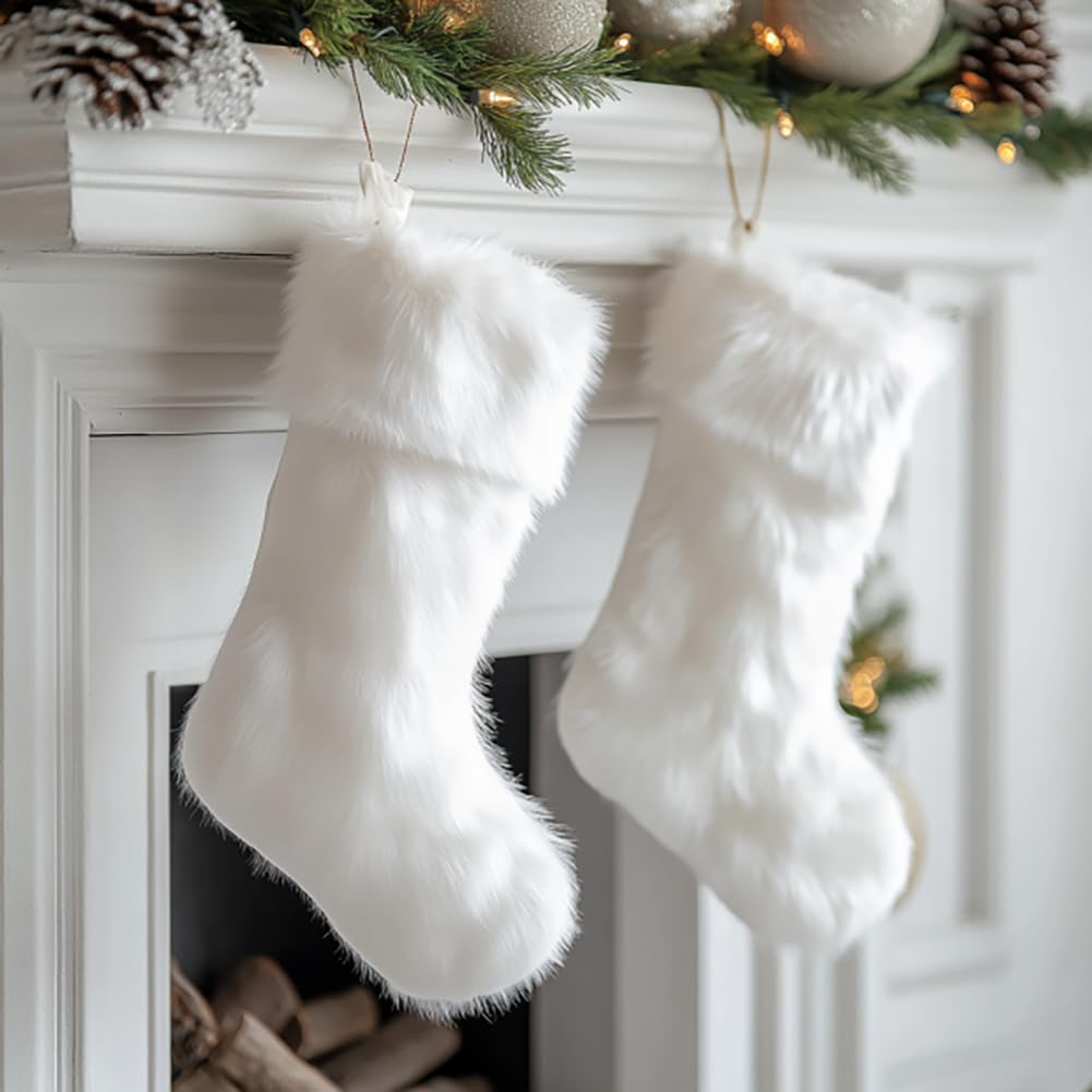 Photo 1 of AISENO 2 Pack 18 Inch Snowy White Christmas Stockings Faux Fur Christmas Stockings Hanging Ornaments Candy Gift Bags for Christmas Decorations