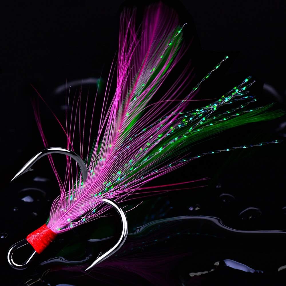 AMHDV Feather Fishing Hooks Strong Treble Hooks Size 2 4 6 8 10 (Pack of 20)