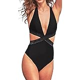 CUPSHE Women's Back Hook One Piece Swimsuit Removable Padding Swimsuit Black