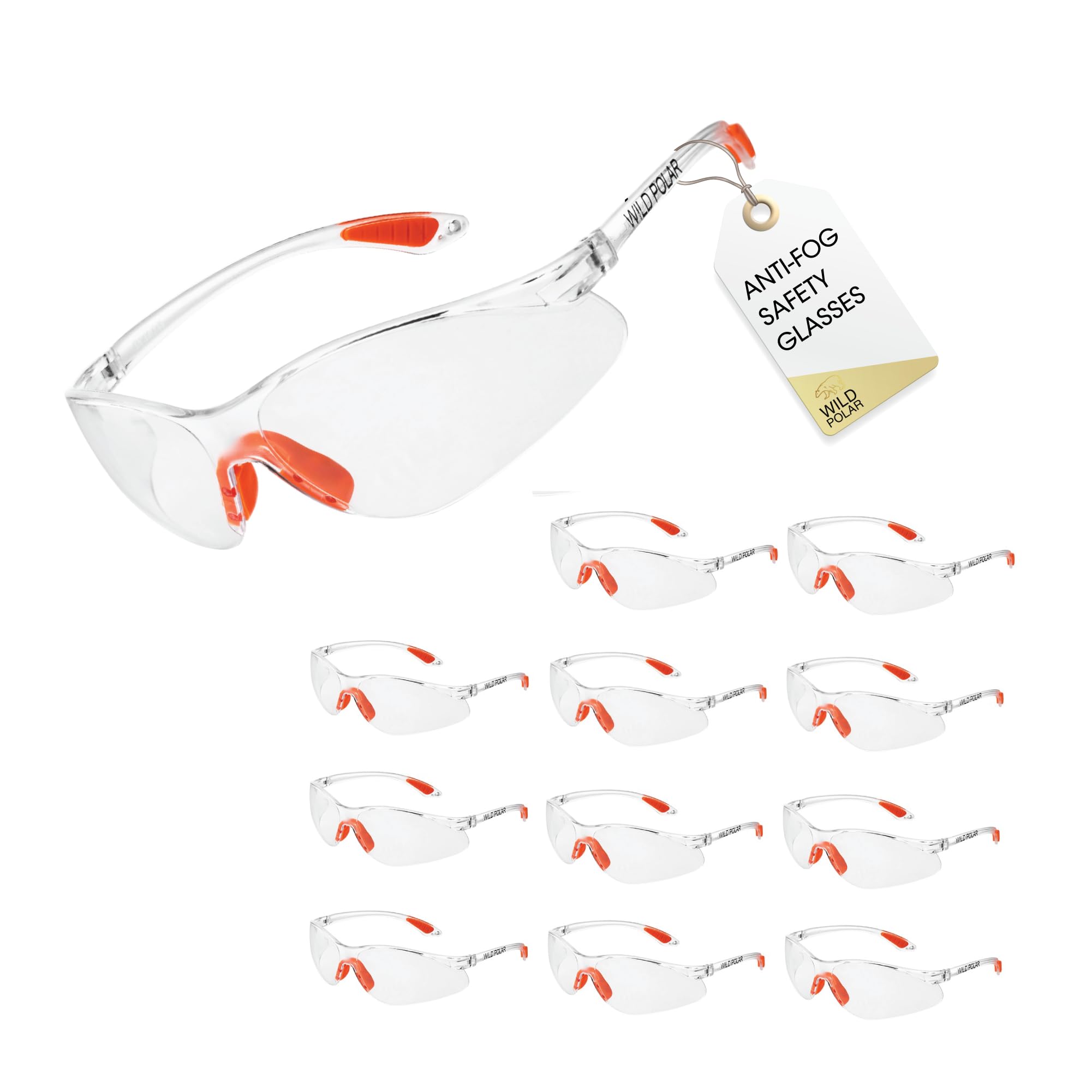 Wild Polar Safety Glasses - Clear Lenses, Anti-Fog Eye Protection Goggles with Orange Nose and Ear Grips - 12, 24 & 48 packs - Lightweight & Durable, Comfortable Fit for Work, Lab, DIY & Outdoor Use
