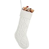 LEDeng Large Cable Knit Christmas Stockings, Fireplace Hanging Christmas Stockings, Perfect for Holiday Home Party Decorations, Unique Burgundy and White and Green Knitted Christmas Stockings (White)