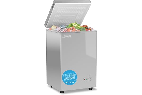 OSTBA 3.5 Cu.Ft Chest Freezer, Compact Deep Freezer with 2 Removable Baskets, Bottom Wheels, 6-Level Temperature Control with Fast Freeze Mode, Energy Saving Quiet Freezer, Silver