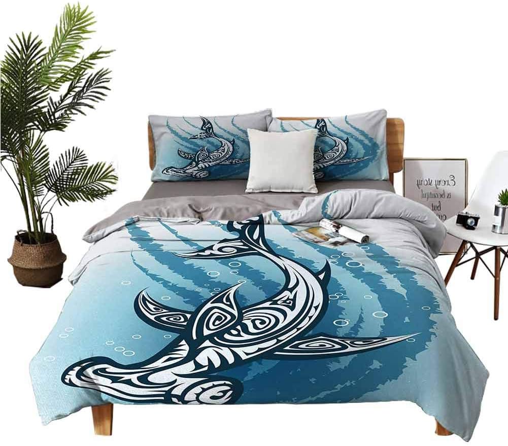 Sheets Full Set Shark Hotel Bed Sheets Queen Set Hammerhead Fish with Ornamental Effects Swimming Ocean Image W68 xL85 Dark and Petrol Blue White