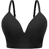 Kniffi Womens V Neck Wireless Bra Ribbed Seamless Bralette Padded Everyday Bras