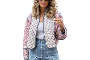 Aimiray Women's Cropped Floral Puffer Jacket Cardigan Printed Lightweight Open Front Padded Quilted Coats