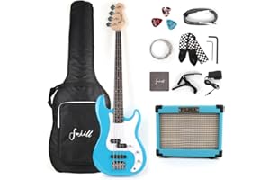 Fojill Full Size 4 Four String Electric Bass Guitar 10W Battery Power Bluetooth Amplifier Amp Beginner Starter Kit Set Combo Bundle Package Accessory Bag,Strap,Picks,Capo,Cable,Strings(Blue)
