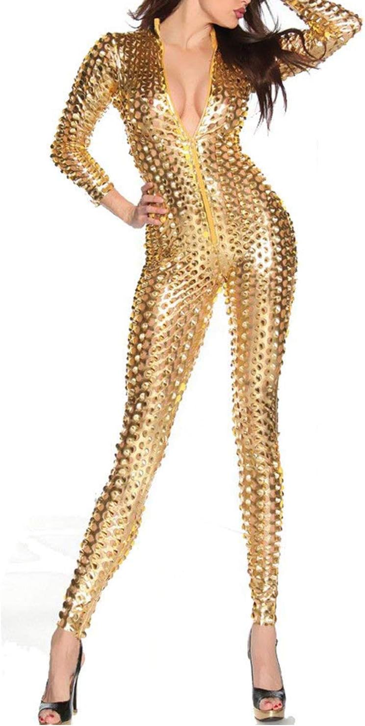 Women's Sexy Hollow Catsuit One Piece Metallic Skinny Stretch Bodysuit