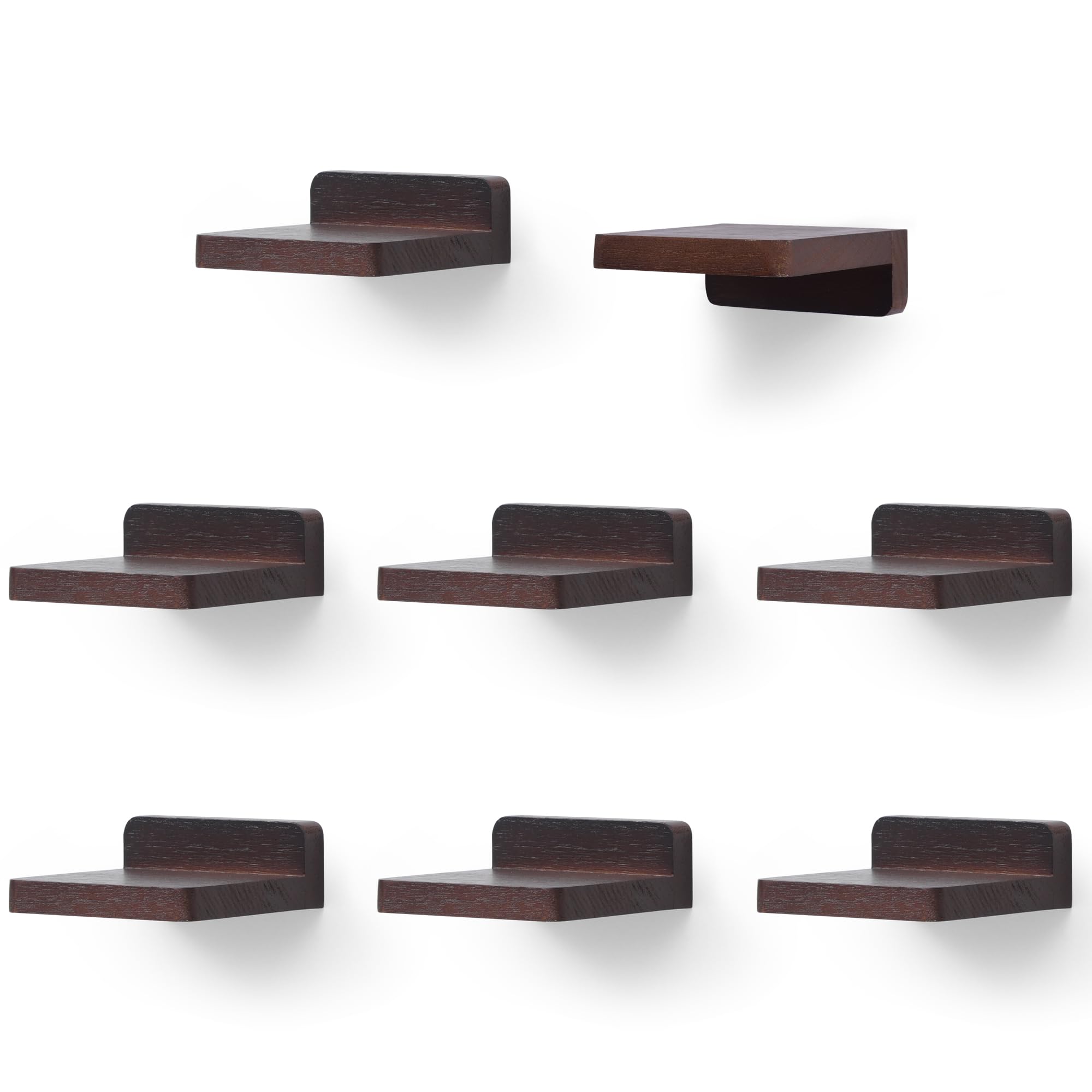 PHOENANCEE Small Floating Shelves for Wall, Set of 8, Wooden Square Shelf for Small Objects, Hanging Mini Shelf Decoration for Bedroom, Living Room,10.2cmX10.2X4cm(Dark Walnut)