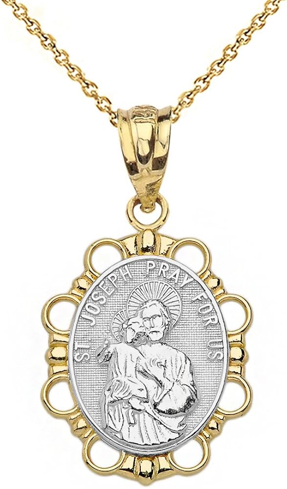 10k TwoTone Gold St. Joseph Religious Charm Oval Necklace
