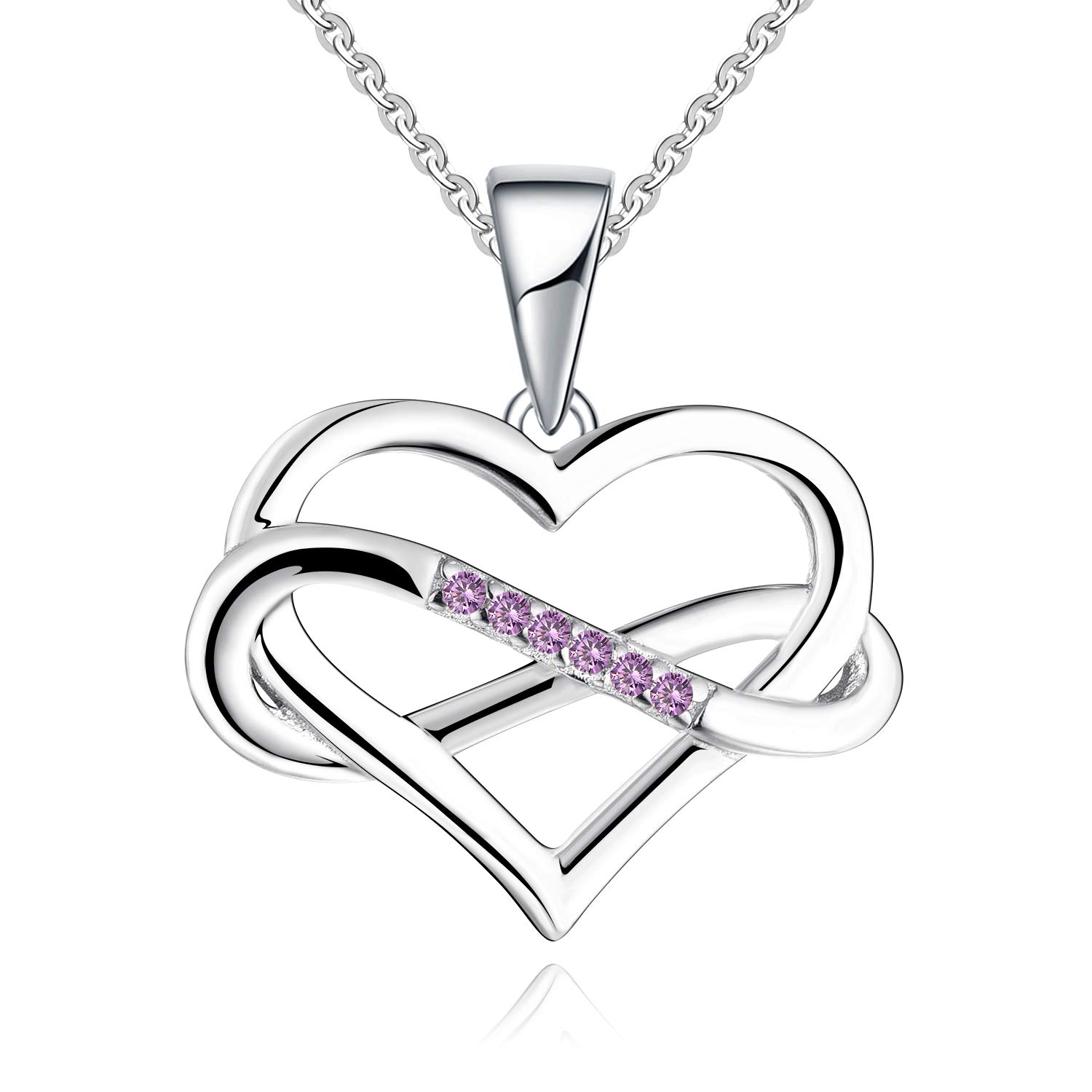 JO WISDOM Women Infinity Heart Necklace,925 Sterling Silver Pendant Necklace with AAA Cubic Zirconia February Birthstone Amethyst Color