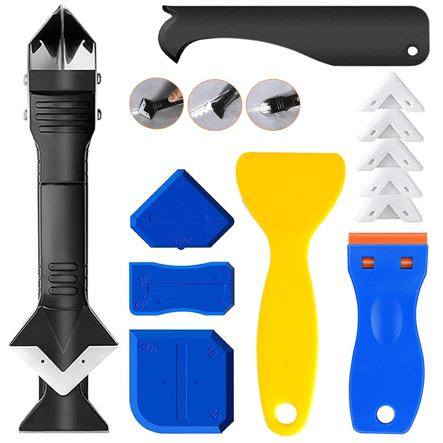 Silicone Caulking Tool Kit, Eleechen Sealant Tool Set with 4 Replace Silicone/Scraper/Caulk Remover, Grout Sealant Remover Tool for Home, Kitchen, Bathroom, Floor, Corner