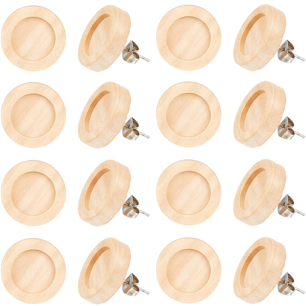SUNNYCLUE 40Pcs Wood Stud Earring Blanks 12mm Bezel Tray Earrings Cabochons Settings Stainless Steel Pins Ear Nuts Flat Round Brown Natural Wooden Earring Posts for jewellery Making Supplies DIY Craft