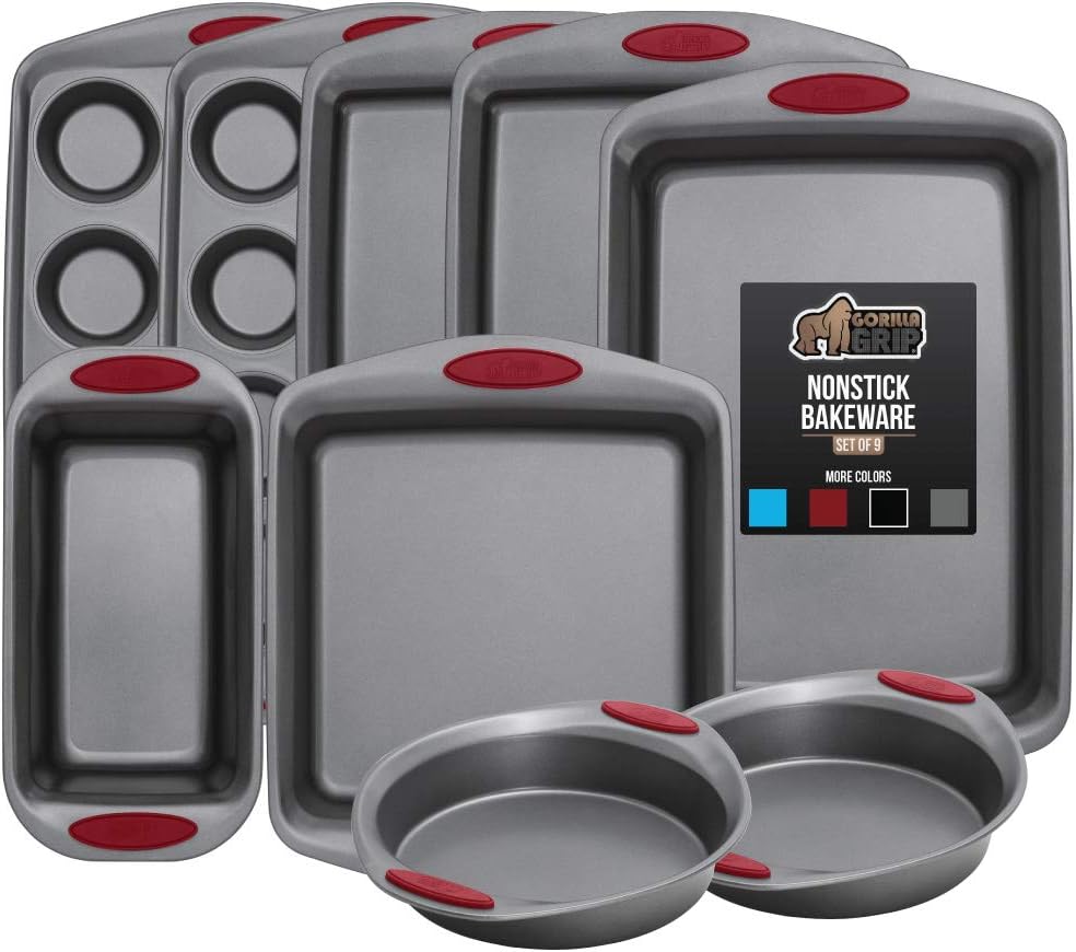 Gorilla Grip Original Kitchen Bakeware Sets, 9 Piece Baking Set with Silicone Handles, Includes 2 Large Size Cookie Sheets, 2 Round Cake Pans, 2 Muffin Pans, Loaf Pan, Large Roaster, Square Pan, Red: Kitchen & Dining