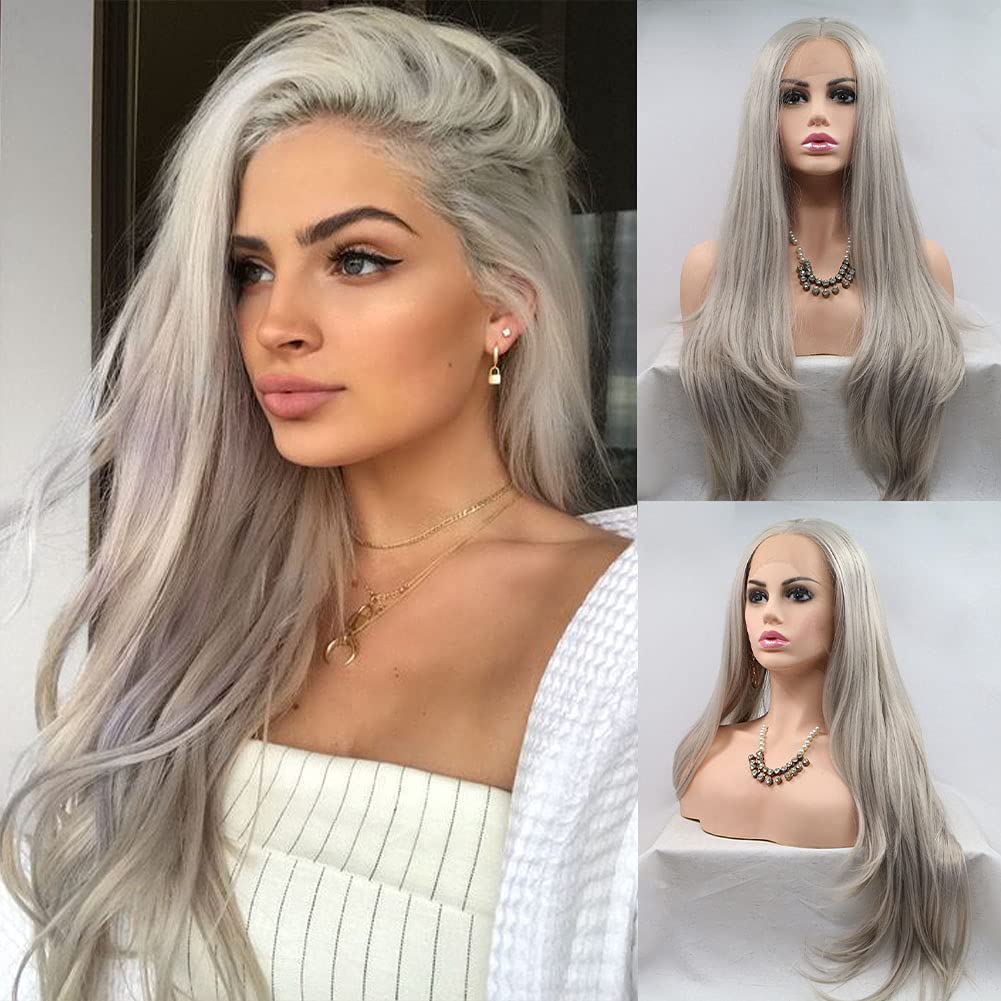 AFBeauty Grey Lace Front Wig for Women Long Straight Ash Gray Glueless Wig Synthetic Lace front Wig Heat Resistant Fiber Synthetic Lace Front Wig Silver Wigs 24 inches