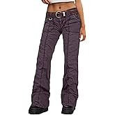 Flamingals Straight Leg Pants for Women Mid Rise Casual Cargo Solid Patch Pockets Stitch Detail Pants