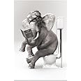 Black and White Canvas Wall Art Funny Elephant Pictures Rustic Farmhouse Bathroom Wall Decor Elephant Sitting in Toilet Painting Modern Fun Poster for Toilet Bathroom Animals Artwork 12"x18" UNFRAMED