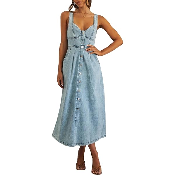 Conshvi Womens Sexy Sleeveless Denim Midi Dress Casual Strap Corset Button  Down Flowy A Line Jean Long Dresses, Light Blue, Small at Amazon Women's  Clothing store
