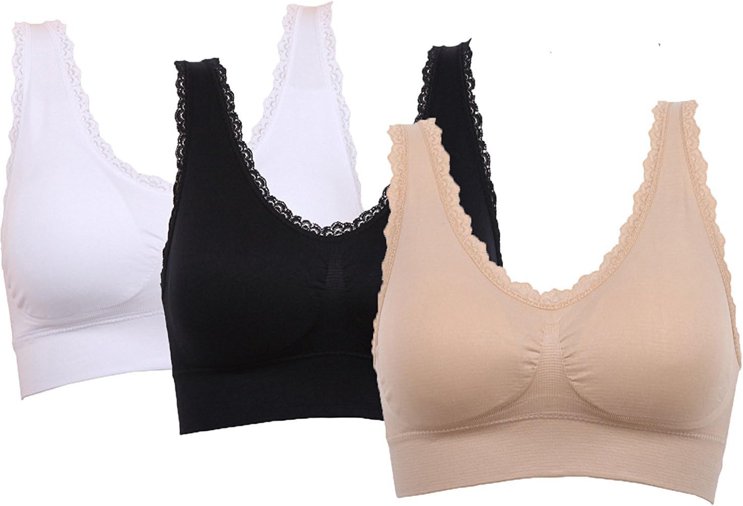 VEQSKING 3 Packs Comfy Bras for Women Plus Size Non Wired Yoga Bra Top with Removable Pads