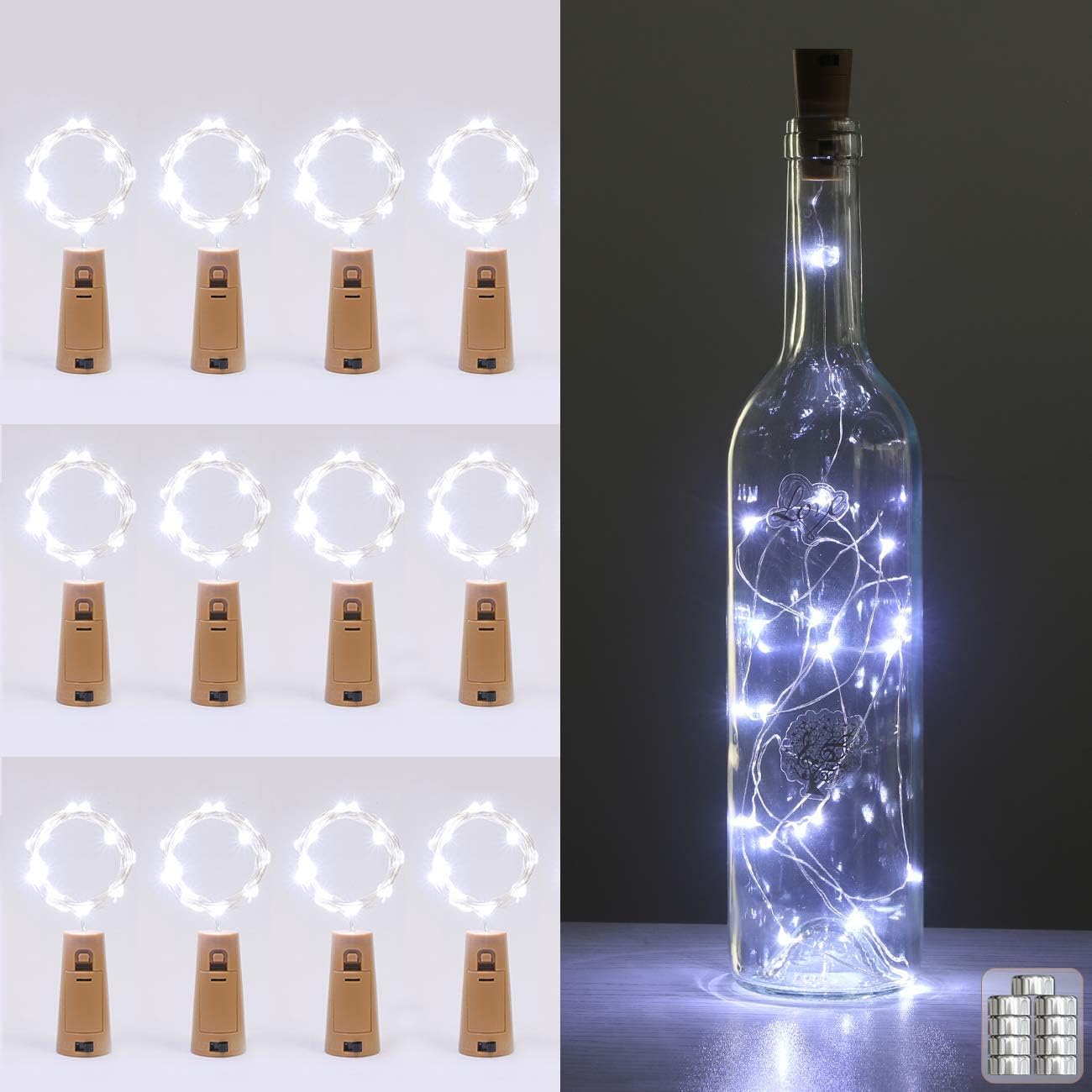 Kolpop [12 Pack Bottle Lights, Cork Lights for Wine Bottles, 2m 20 LED Copper Wire Fairy Lights for Parties, Birthday, Wedding, Christmas DIY Table Centrepieces Indoor/Outdoor Decoration(Cool White)